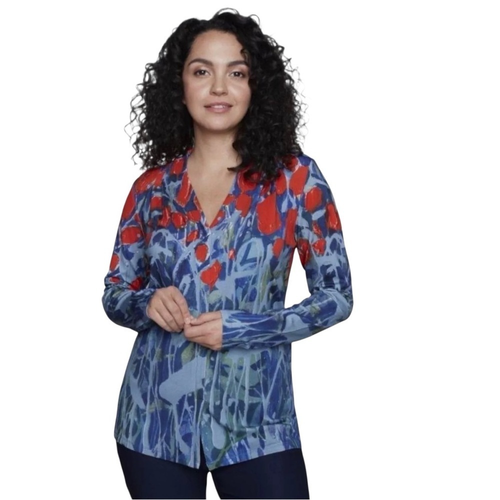 Claire Desjardins Abstract Floral Knit V Neck Blouse Large NWT